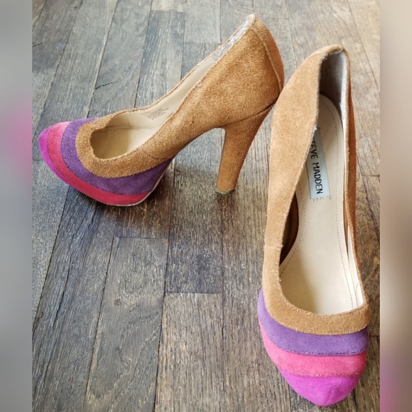 Steve Madden Shoes - Steve Madden Tan Pink Block Heels Colorblock Suede